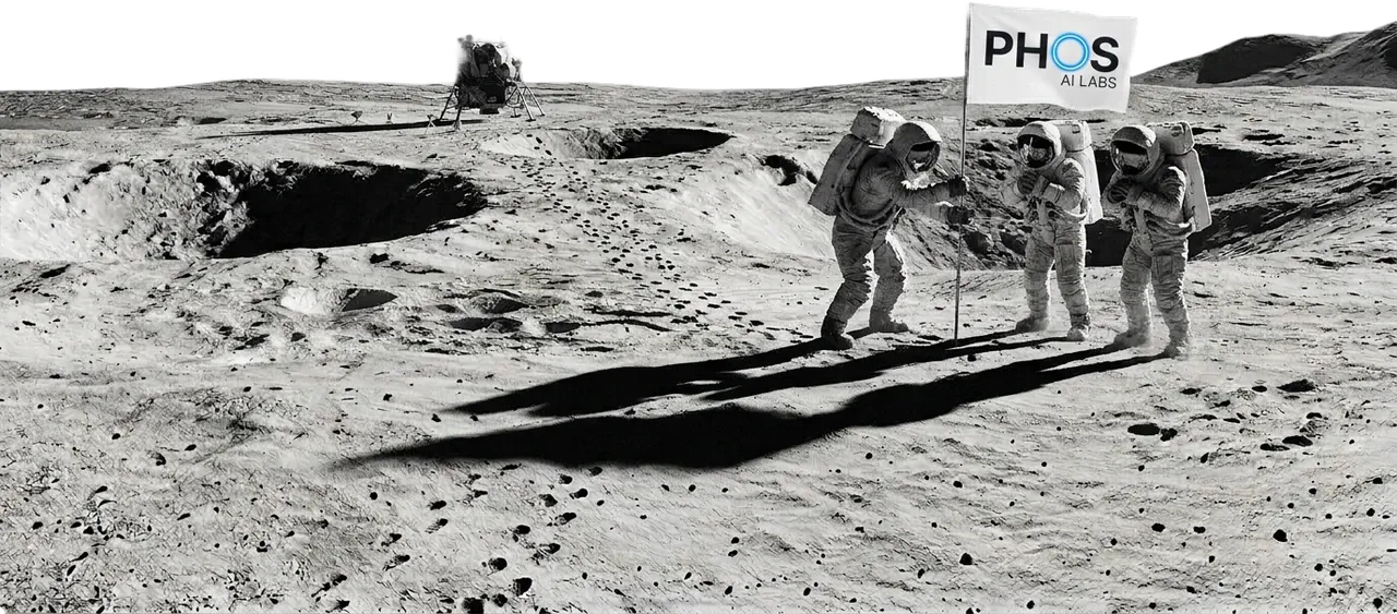 Three astronauts on a lunar surface planting a Phos AI Labs flag
