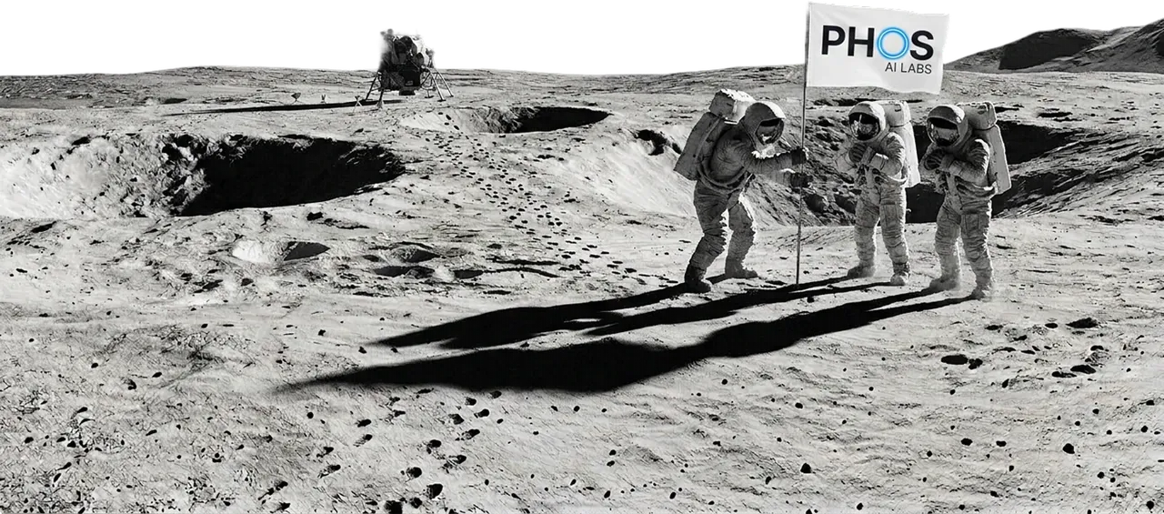 Three astronauts on a lunar surface planting a Phos AI Labs flag