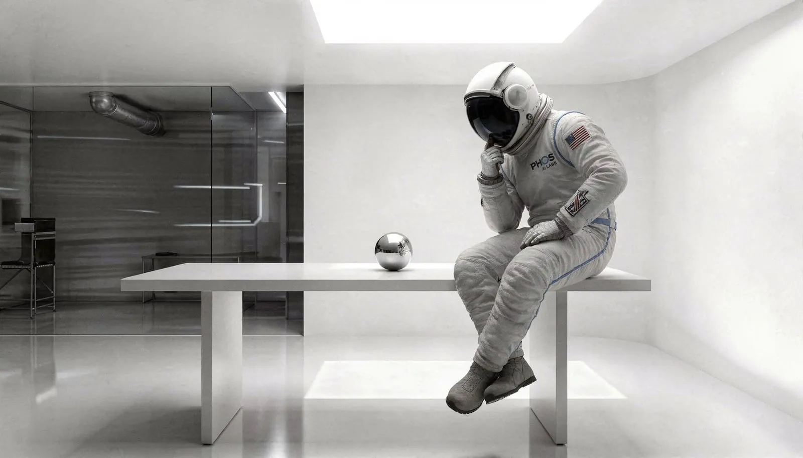 An astronaut in a Phos AI Labs suit sitting on a table in a minimalist white room