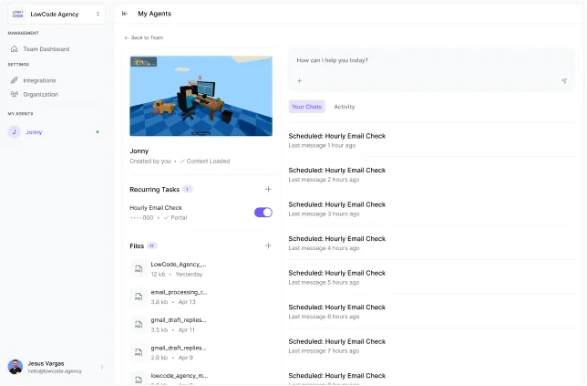 An AI Employee's recurring tasks and activity log, showing scheduled hourly work running on its own