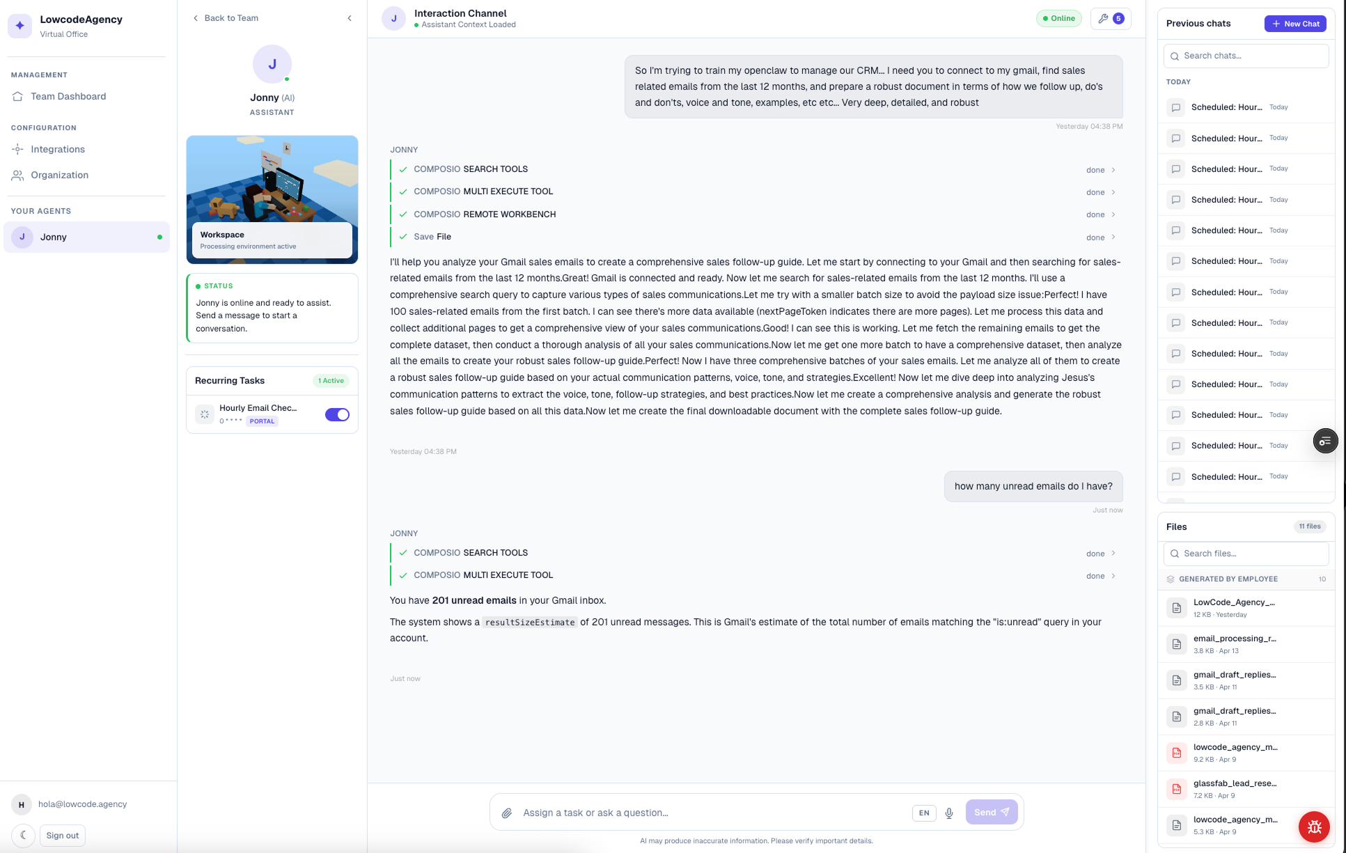 An AI Employee profile with recurring tasks, ingested files, and a live chat panel