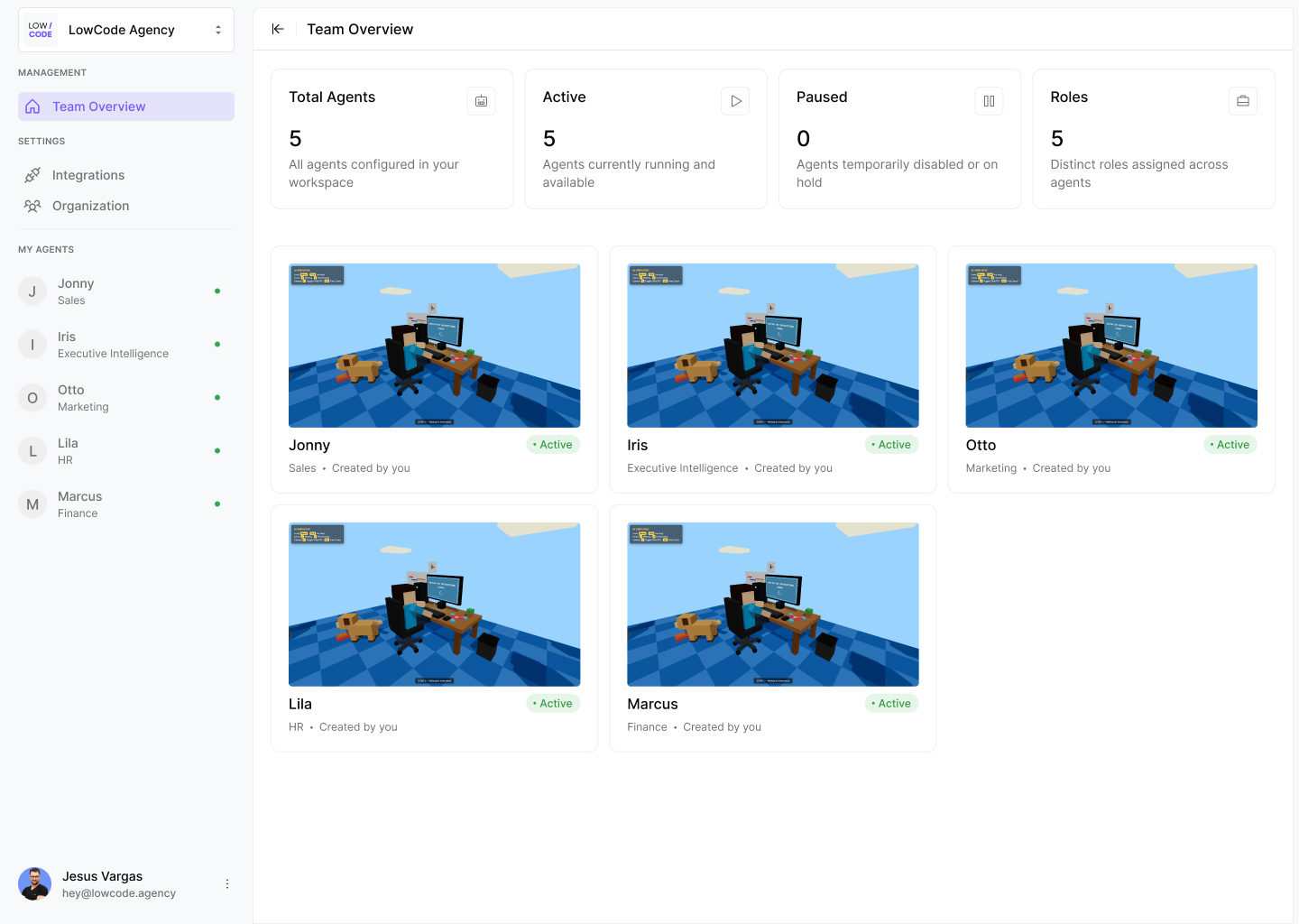 Team Overview dashboard showing active AI Employees and their roles
