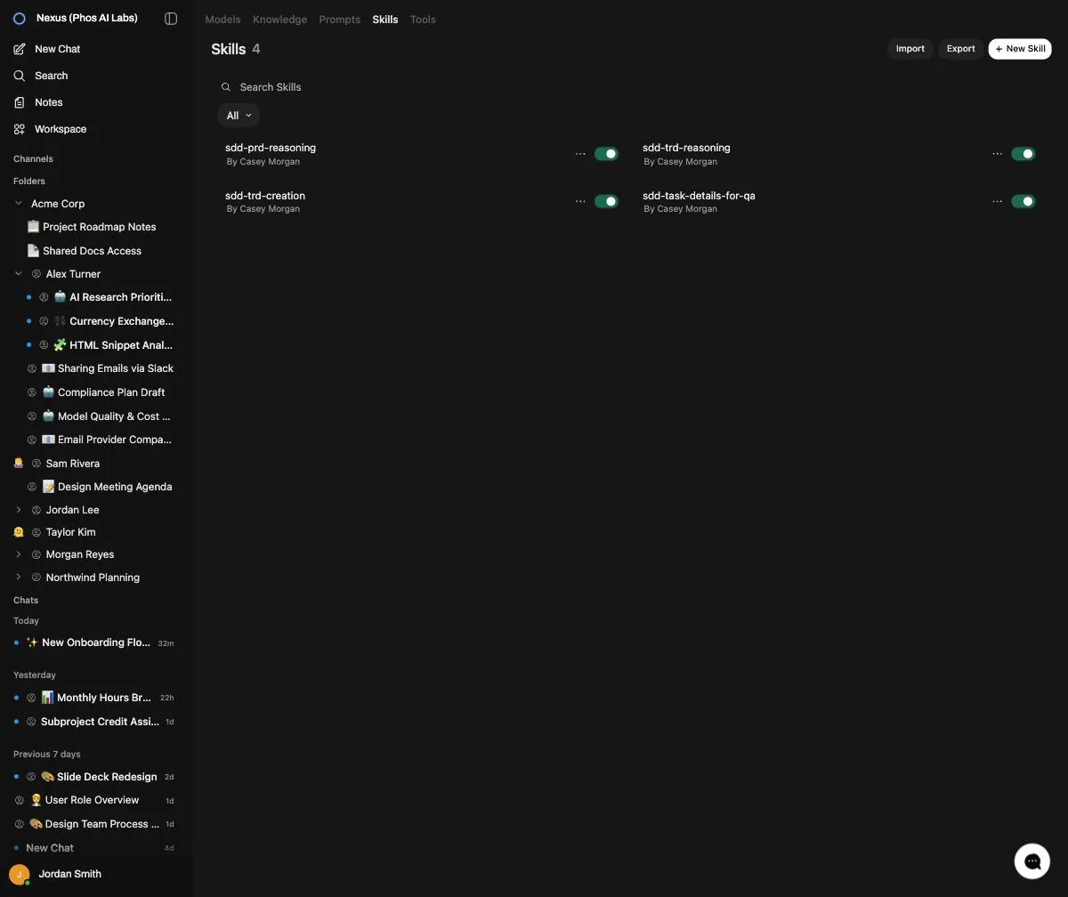 The shared Skills library in Nexus: pre-built prompts your whole team selects from a dropdown