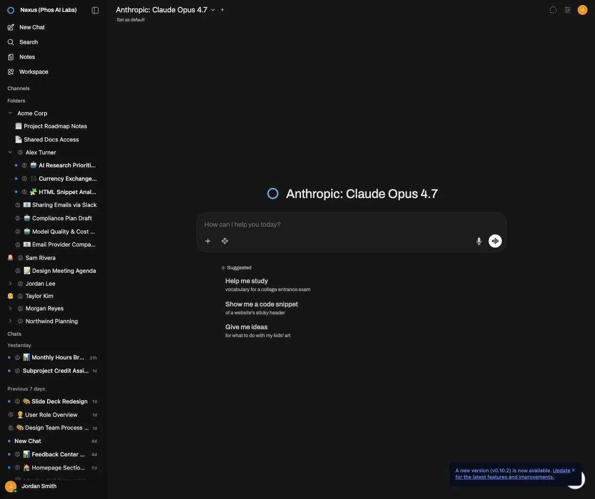 The Nexus workspace: shared knowledge base, projects, and folders in one company-owned environment