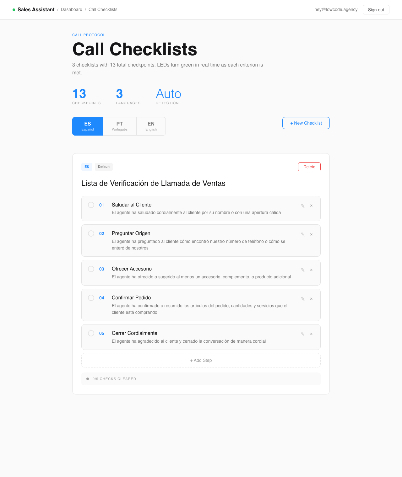 Call checklists view showing checkpoint definitions per language