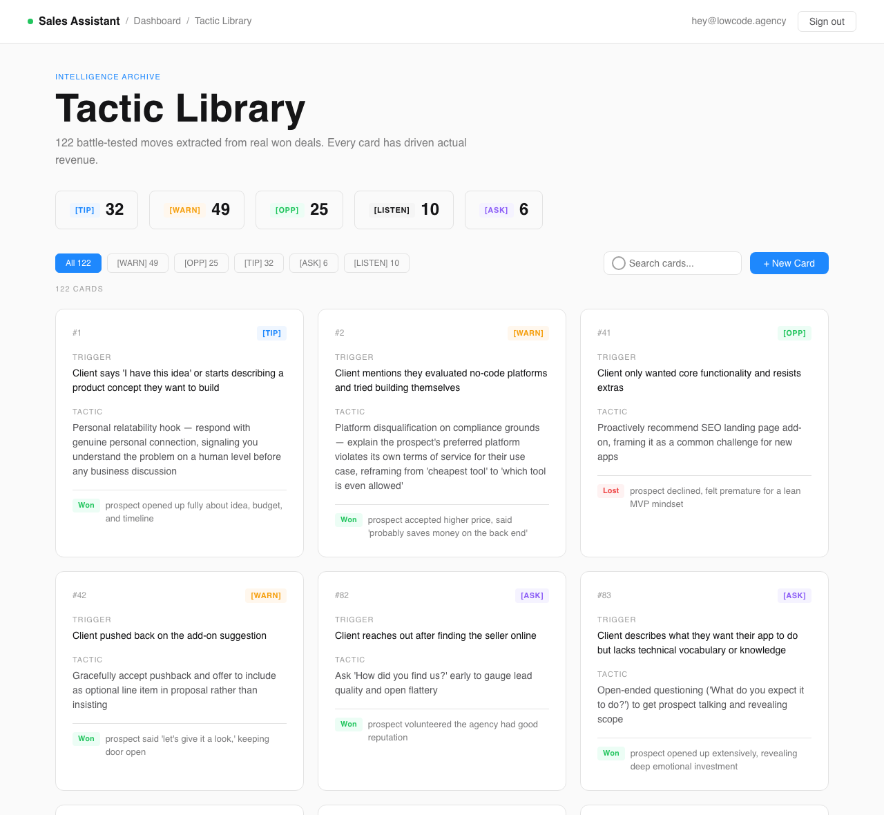 Tactic library showing categorized cards by signal type