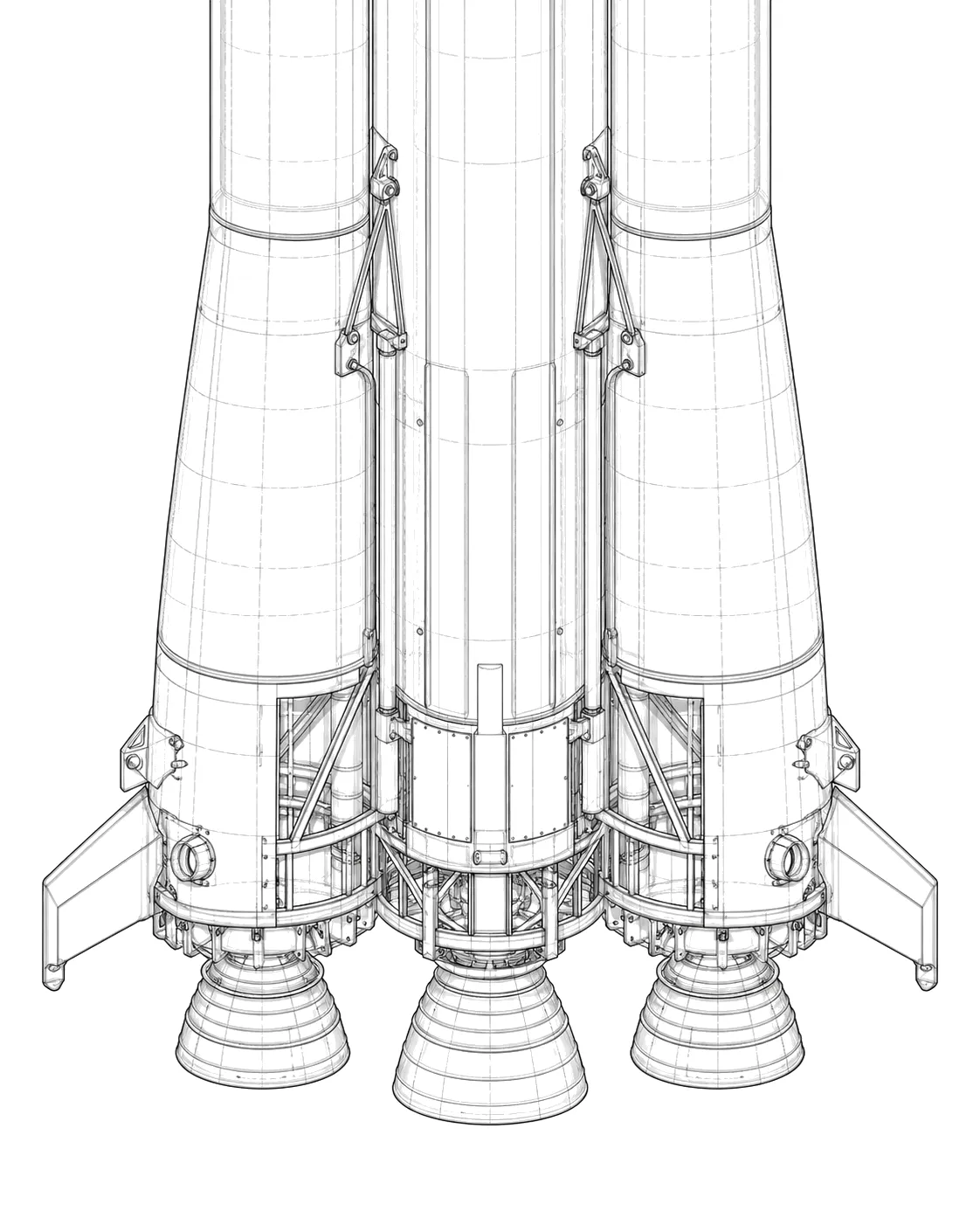Line drawing of the lower stage of a heavy rocket: a central core between two side boosters, each ending in an engine bell.