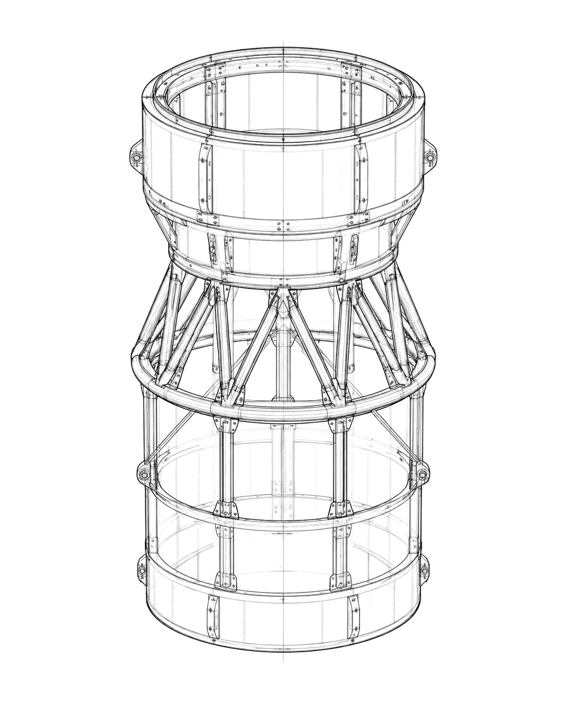 Line drawing of a rocket's hourglass-shaped interstage frame: two cylindrical rings joined by a braced lattice of struts.