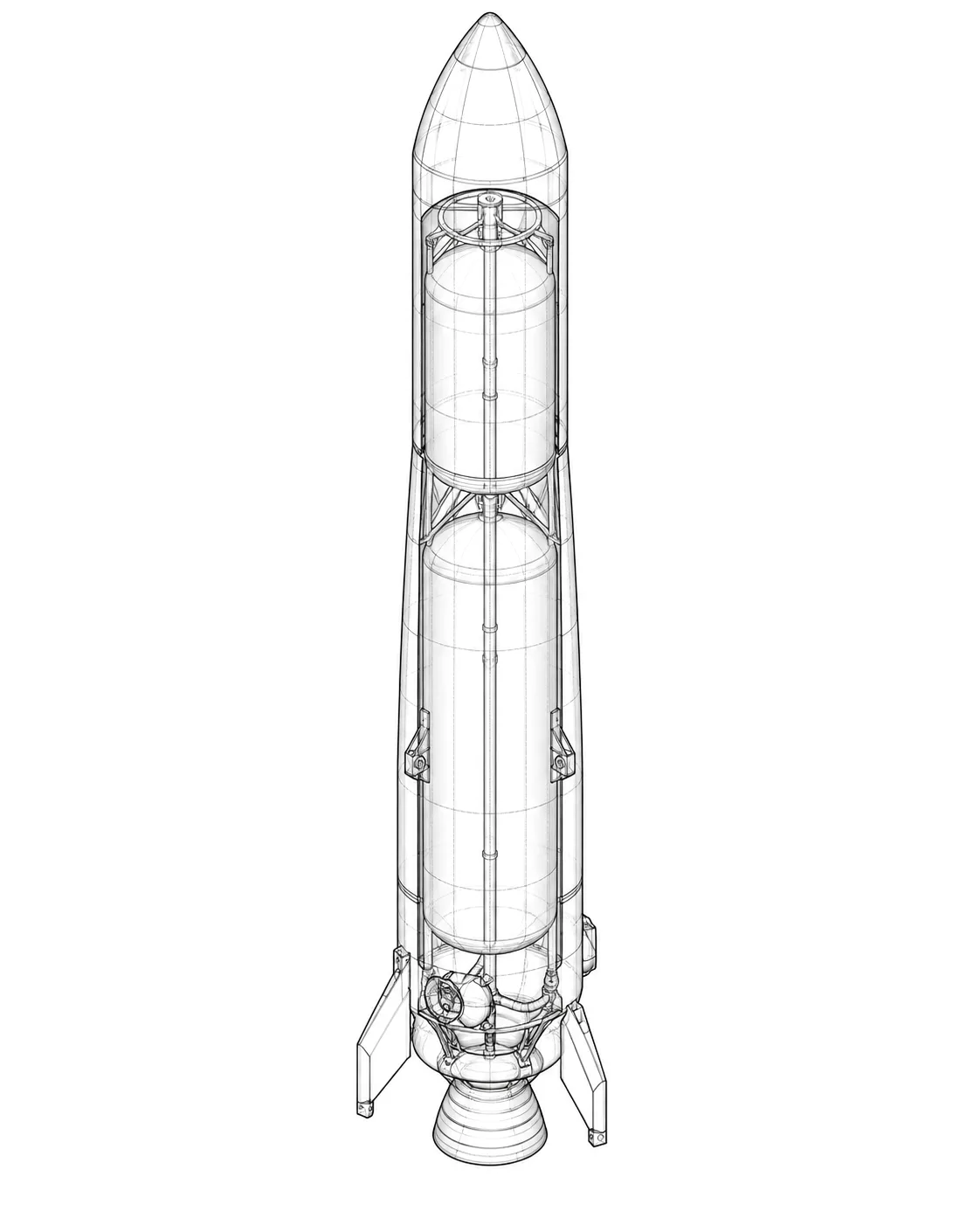 Line drawing of a finned rocket with its shell cut away to show two stacked propellant tanks above a single engine bell.