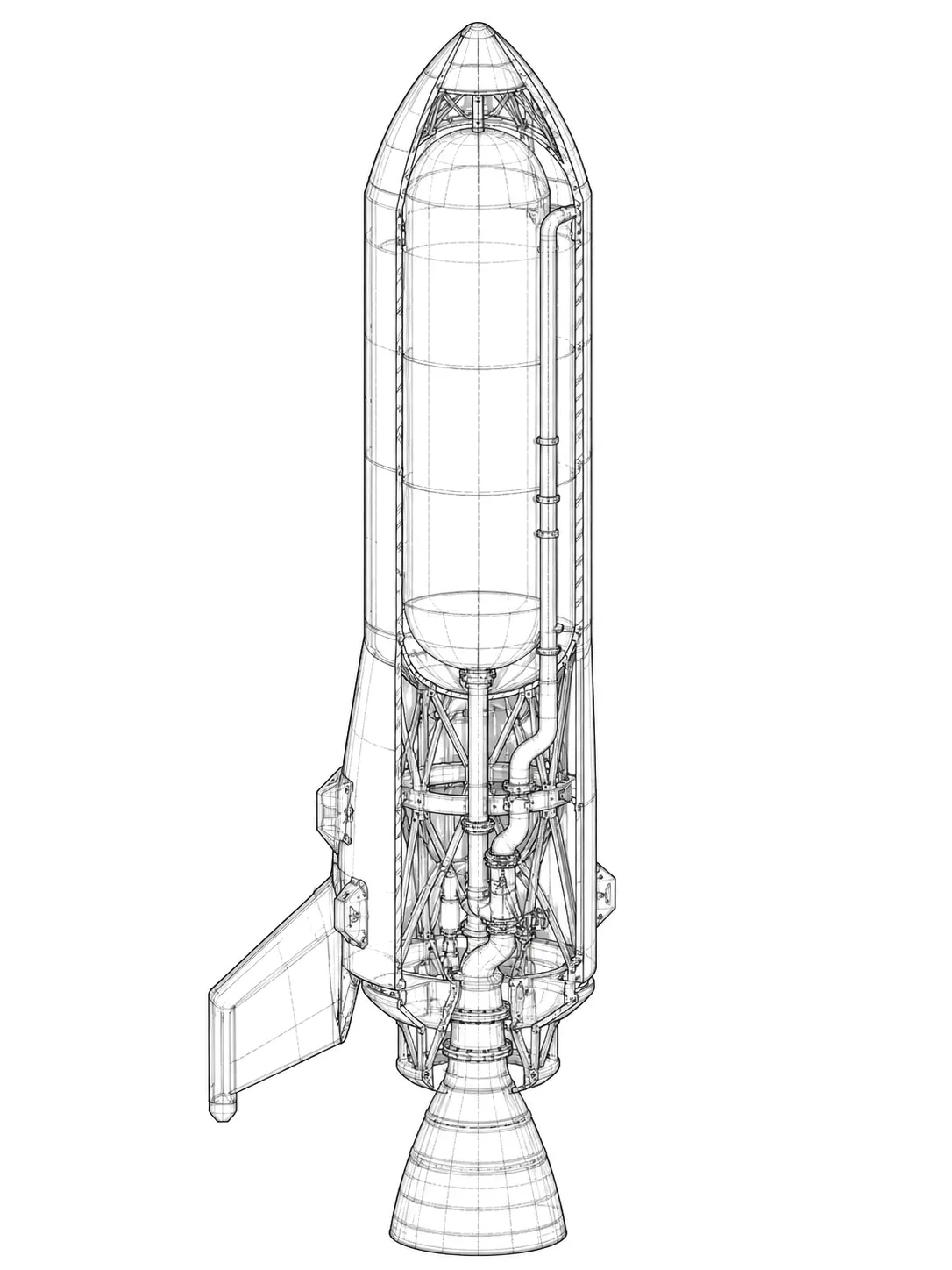 Line drawing of a finned rocket in cutaway: a long propellant tank above an exposed engine bay and nozzle.