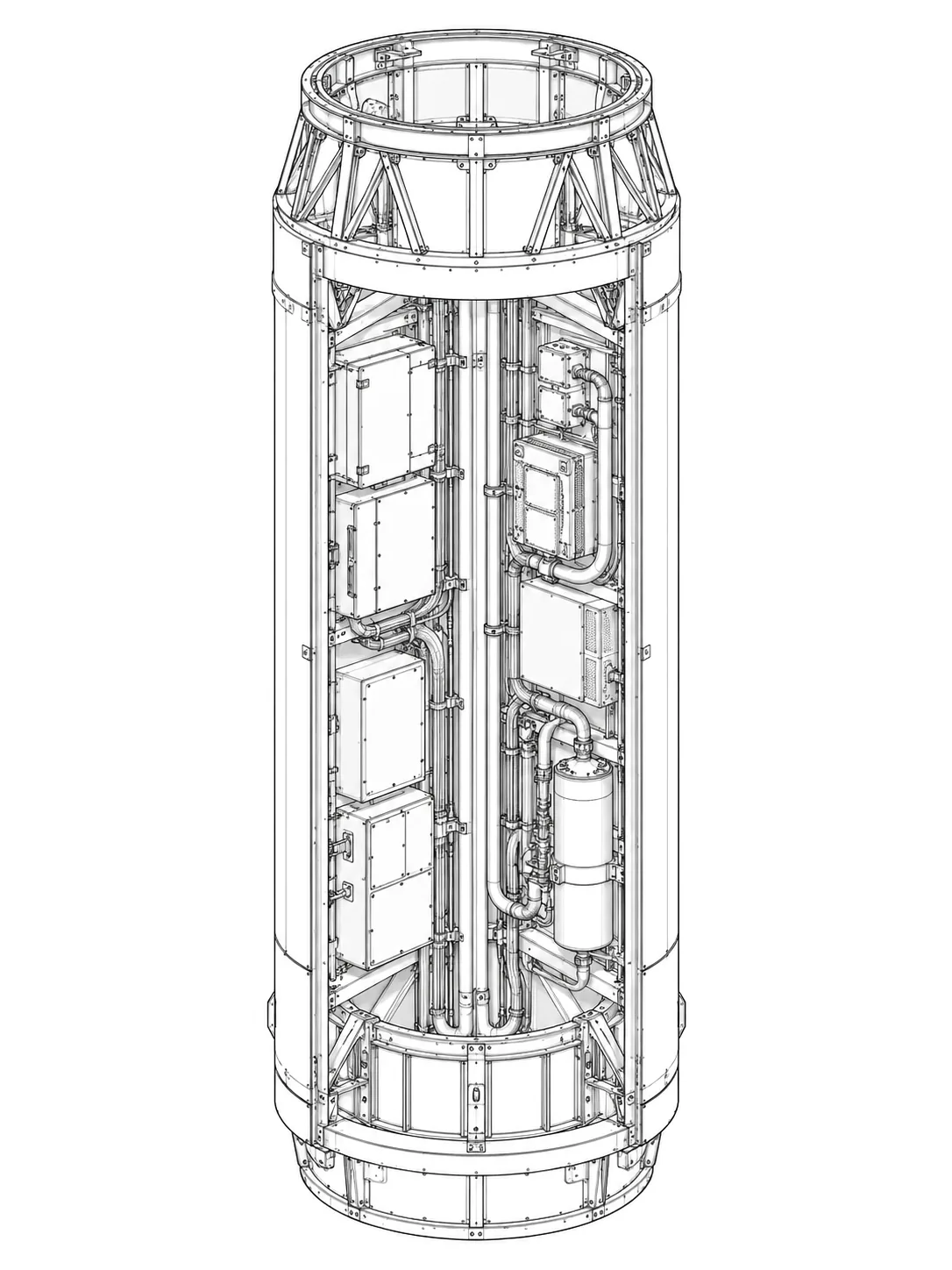Line drawing of a cylindrical avionics bay opened up to show circuit boards, cable runs and a pressure bottle inside.
